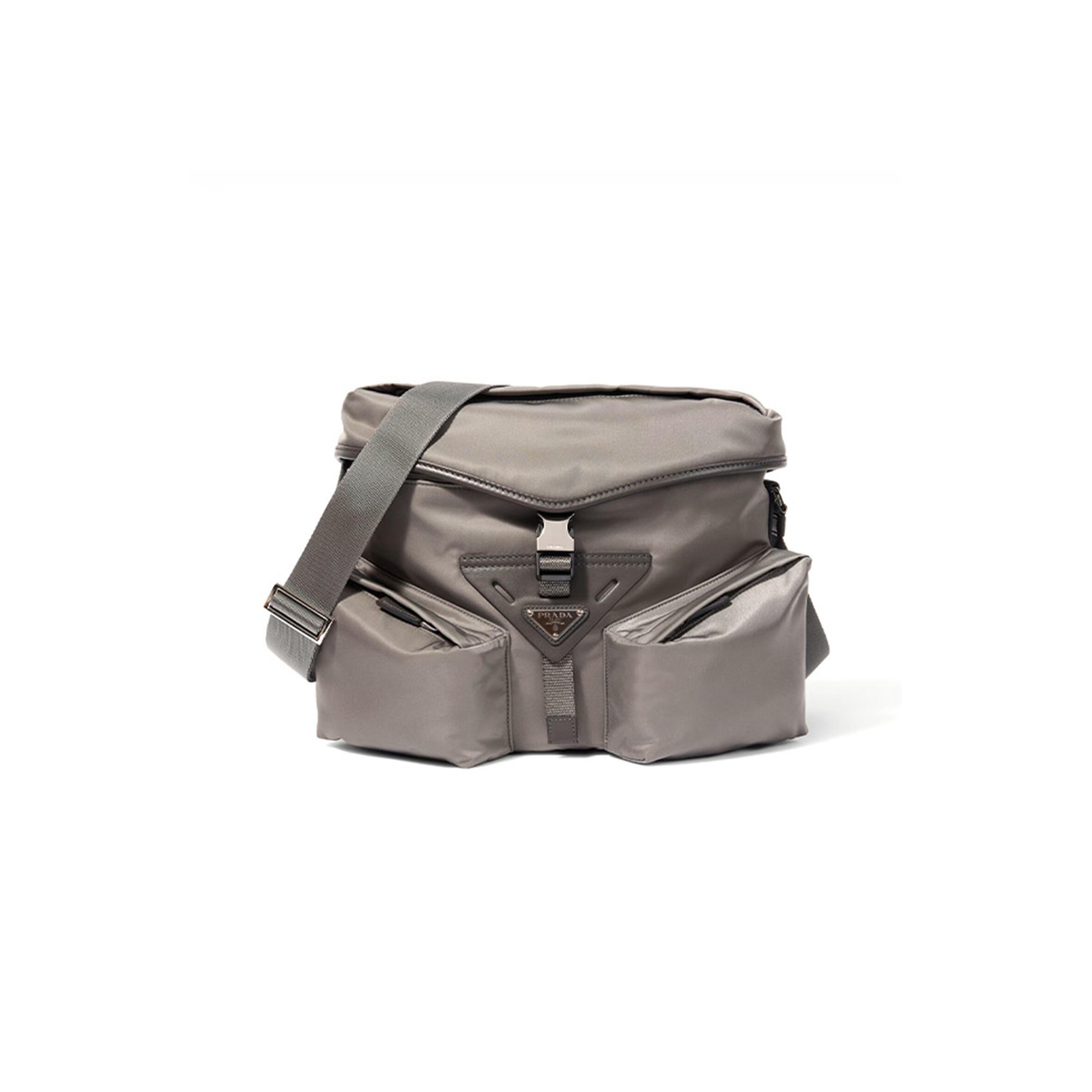 PRADA IRON GRAY RE-NYLON AND LEATHER SHOULDER BAG 2VD062 (29*23*15cm)